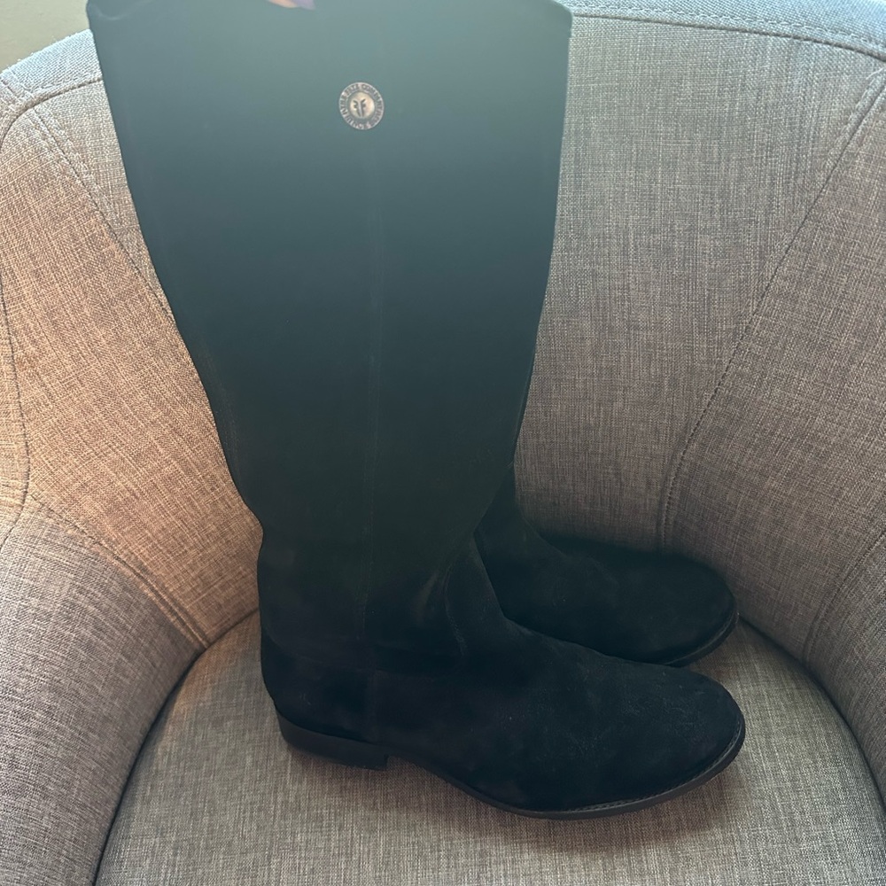 Frye Black Suede Knee-High Heeled Boots